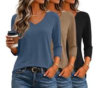 Ficerd Paquete de 3 camisetas de manga 3/4 con cuello en V para mujer | Camisetas elegantes de manga tres cuartos, blusas de moda de ajuste holgado, camisetas hasta el codo