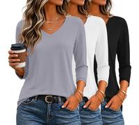 Ficerd Paquete de 3 camisetas de manga 3/4 con cuello en V para mujer | Camisetas elegantes de manga tres cuartos, blusas de moda de ajuste holgado, camisetas hasta el codo