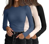 Ficerd - Paquete de 3 Camisetas de Manga Larga para Mujer, Cuello Redondo, Corte Entallado, Punto Acanalado, Informal, básico(Negro, Azul Denim, Beige,XXL)
