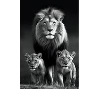 FICLUX Lámina artística, Un león macho con sus dos cachorros - Cuadro de Decoración Moderna para Salón y Dormitorio, Lienzo Poliéster y Multicolor - 80x120cm Sin marco