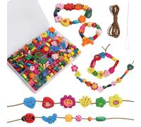 FICOFISE Cuentas de madera para enhebrar, 400 unidades: 12 tipos de perlas de colores para enhebrar niños adultos, flores y animales Juego de perlas para niños con cuerda y aguja, para pulseras
