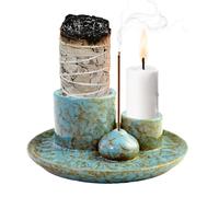 FICOFISE Quemador de Incienso 4 en 1, Porta Incienso de Cerámica, Soporte Incienso para Palo Santo Salvia con Cenicero, Quemador Palo Santo para Aromaterapia, Yoga, Salón y Meditación (Azul)