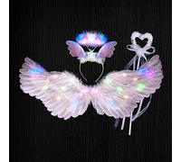 Fictory Alas de ángel LED con plumas blancas, 3 modos de iluminación, correas ajustables para Halloween, cosplay, disfraz, Navidad, concurso de fotos, tamaño mediano, 80 x 40 cm