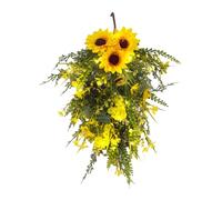 Fictory Cesta colgante de girasol artificial de 50 cm con luces LED, árbol floral al revés para decoración de pared interior y exterior, flores artificiales que funcionan con pilas para decoración de
