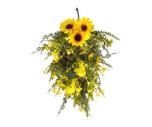 Fictory Cesta colgante de girasol artificial de 50 cm con luces LED, árbol floral al revés para decoración de pared interior y exterior, flores artificiales que funcionan con pilas para decoración de