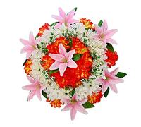 Fictory Corona de flores artificiales, corona conmemorativa de crisantemo de seda y lirio, corona de cementerio de 50 cm para decoración de tumbas, arreglo floral rosa con base de plástico para un