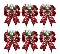 Fictory Juego de 6 adornos para árbol de Navidad con lazos de terciopelo, sombreros de Papá Noel y guirnalda, cuadros rojos y negros con adornos blancos