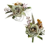 Fictory Juego de ramilletes de fiesta de boda, 2 ramilletes de muñeca y ramo de rosas verdes, elegantes accesorios florales para novia, novio, damas de honor, padrinos de boda