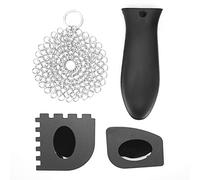 Fictory Kit de limpieza de hierro fundido de acero inoxidable, limpiador y raspador dentado, fácil limpieza de ollas, cubierta de mango duradera, herramienta esencial de cocina