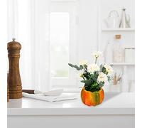 Fictory Planta artificial de crisantemo, flores rosas de tres tonos en maceta de calabaza, arreglo floral falso de seda para decoración del hogar, centro de mesa, escritorio de oficina