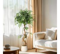 Ficus Artificial con troncos curvados, 120 cm Ficus realista con ramas y hojas ajustables, árboles artificiales para oficina en casa o salón, maceta blanca incluida