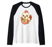 Fideos Ramen japoneses Comiendo Pollo Bantam Kawaii Lindo Camiseta Manga Raglan