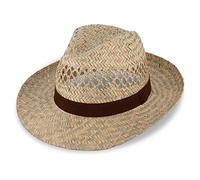 fiebig Sombrero de Fedora con Cinta marrón | Sombrero para el Sol para Hombre y Mujer | Sombrero Bogart en 100% Paja Sombrero de Verano con ala Ancha (55-S)