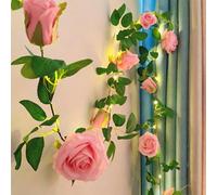 Fielegen Guirnalda de luces artificiales de 6.56 pies, funciona con pilas, guirnalda floral de vid de rosas falsas con 20 luces LED, vides de rosas rosas colgantes de seda para jardín, boda, telón de