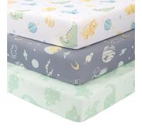 Fiemol Sábanas Bajeras Cuna 140x70 cm, Juego de 3 Sábanas para Cuna de Bebé, con Esquinas Elásticas, Microfibra Ultra Suave y Sedosa, Planeta Dinosaurio Verde