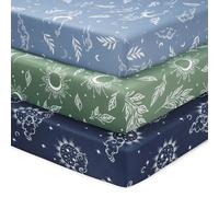 FIEMOL Sábanas para Minicuna de Bebé Niño, Portátiles de 38"x26" Sábanas de Parque de Juegos Ajustables para Corralito y Colchón Pack N Play, Paquete de 3 Microfibra Suave Azul Verde Cielo Estrellado
