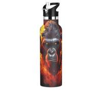Fierce Gorilla King Kong - Botella de agua de acero inoxidable con tapa con pajilla, botella aislada para niños y niñas, deportes, 20 onzas (600 ml)