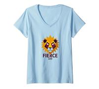Fierce Leo: Arte geométrico del Zodiaco del león para los fanáticos de la astrología Camiseta Cuello V, Mujer, Azul Bebé, S