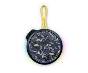 Fiesta BIGBEN - Altavoz Bluetooth redondo con correa y efectos de luz - 15W - Negro y amarillo camuflaje