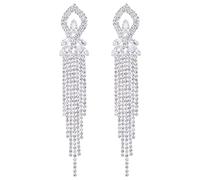 Fiesta de Boda, Pendientes Largos de Cristal con Racimo de Estrás y Cadena de Borla