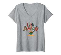 Fiesta Festiva de Cactus del suroeste de Little Amigo Mexican Boy Camiseta Cuello V, Mujer, Gris Jaspeado, XL