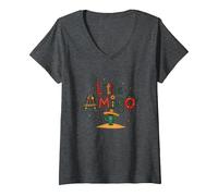 Fiesta Festiva de Cactus del suroeste de Little Amigo Mexican Boy Camiseta Cuello V, Mujer, Jaspeado Oscuro, XL