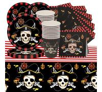 Fiesta Fiesta Tema de Calavera Pirata Decoración de Fiesta de Cumpleaños y Fiestas Incluye Platos, Vasos, Servilletas Manteles Total 61 Piezas para Fiesta de 20 Personas.
