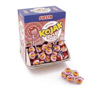 FIESTA Kojak Lolipop Caramelo con Palo Sabor Cereza Relleno de Masticable de Fresa - Caja de 100 unidades