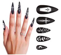 FIESTAS GUIRCA | 12 Uñas Largas Vampira con Adhesivo - Accesorio de Disfraz para Halloween y Fiestas de Brujas - Ideal para Mujer Adulta - Uñas Postizas para Disfraces de Terror y Gótico - Negro