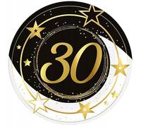 FIESTAS GUIRCA | 6 Platos Desechables de 30 Años (23 cm) - Decoración de Mesa para Fiestas y Celebraciones - Ideal para Eventos de 30 Años y Fiestas - Negro, Oro, Blanco