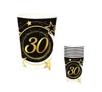FIESTAS GUIRCA | 6 Vasos Desechables de 30 Años (240 ml) (9 cm) - Decoración de Mesa para Fiestas - Ideal para Celebraciones y Eventos - Negro, Oro, Blanco