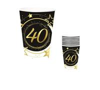 FIESTAS GUIRCA | 6 Vasos Desechables de 40 Años (240 ml) (9 cm) - Decoración de Mesa para Fiestas - Ideal para Celebraciones y Eventos - Negro, Oro, Blanco