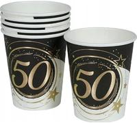FIESTAS GUIRCA | 6 Vasos Desechables de 50 Años (240 ml) (9 cm) - Decoración de Mesa para Fiestas - Ideal para Celebraciones de 50 Años y Eventos - Negro, Oro, Blanco