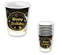 FIESTAS GUIRCA | 6 Vasos Desechables Happy Birthday (240 ml) (9 cm) - Decoración de Mesa para Cumpleaños y Celebraciones - Ideal para Fiestas de Cumpleaños y Eventos Especiales - Negro, Oro, Blanco