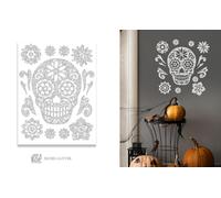 FIESTAS GUIRCA | Adhesivo Glitter Calavera (30x40 cm) - Decoración de Pared, Puerta y Ventana para Halloween y Fiestas de Esqueletos - Ideal para Celebraciones y Eventos - Plata