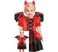 FIESTAS GUIRCA Adorable disfraz de diabla para bebé - Disfraz para niña pequeña que incluye vestido de diabla rojo con purpurina y cuernos de diabla - Bebés de 18 a 24 meses