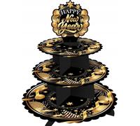FIESTAS GUIRCA | Bandeja de 3 Pisos Happy New Year (40x30 cm) - Decoración de Mesa para Fiestas de Fin de Año y Celebraciones - Ideal para Navidad y Año Nuevo - Negro Oro