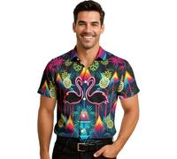 FIESTAS GUIRCA | Camisa Flamencos Neón Multicolor (52-54/L) - Ropa de Fiesta para Hombre Adulto - Ideal para Celebraciones de Verano, Graduaciones y Temáticas de Flamenco - Multicolor