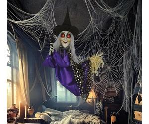 FIESTAS GUIRCA | Colgante Bruja con Luz, Sonido y Movimiento (75 cm) - Decoración de Halloween para Fiestas de Brujas y Celebraciones Terroríficas - Ideal para Ambientes Espeluznantes - Negro