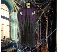 FIESTAS GUIRCA | Colgante Esqueleto con Túnica Negra y Lila (90 cm) - Decoración de Halloween para Fiestas de Terror y Celebraciones de Esqueletos - Ideal para Ambientes Espeluznantes - Negro