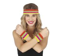 FIESTAS GUIRCA | Conjunto de 2 Muñequeras y Cinta Neón Multicolor - Accesorio de Disfraz para Fiestas de los Años '80 y Eventos Deportivos - Ideal para Adultos Unisex - Multicolor