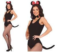 FIESTAS GUIRCA | Conjunto de Ratoncita con Lazo Rojo - Diadema y Cola para Disfraz de Ratón - Accesorio para Fiestas de Animales y Despedidas de Soltera - Ideal para Mujer Adulta - Negro y Rojo