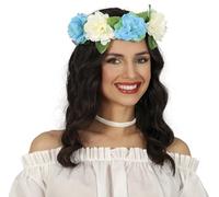 FIESTAS GUIRCA | Corona de Flores Blancas y Azules (20 cm) - Accesorio de Disfraz para Fiestas de Verano - Ideal para Celebraciones Hawaianas y Tropicales - Adulto Unisex - Azul y Blanco
