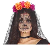 FIESTAS GUIRCA Diadema Catrina Mujer con Velo Negro Halloween y Diadema Flores Lila y Naranja