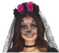 FIESTAS GUIRCA Diadema Catrina Mujer con Velo Negro Halloween y Diadema Flores Negras y Lila