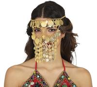 FIESTAS GUIRCA | Diadema con Tocado de Monedas Metálicas y Máscara (Talla Única) - Accesorio para Disfraz de Princesa del Desierto y Fiestas Temáticas - Ideal para Mujer Adulta - Oro