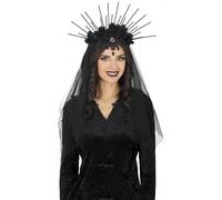 FIESTAS GUIRCA | Diadema con Velo y Flores Negras (Talla Única) - Accesorio para Disfraz de Halloween y Día de Muertos - Ideal para Mujer Adulta - Estilo Gótico y Elegante - Negro