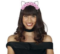 FIESTAS GUIRCA | Diadema de Gata con Flores Metálica (Talla Única) - Accesorio para Disfraz de Gata y Animales - Ideal para Fiestas, Cumpleaños, Carnaval y Halloween - Mujer Adulta - Plata Rosa
