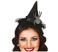 FIESTAS GUIRCA | Diadema Gorrito de Bruja con Araña (Talla Única) - Accesorio para Disfraz de Bruja para Halloween y Fiestas de Disfraces - Ideal para Mujer Adulta - Negro
