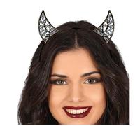 FIESTAS GUIRCA | Diadema Negra de Cuernos con Brillantes (Talla Única) - Accesorio de Disfraz para Fiestas de Diablesa y Demonios - Ideal para Mujer - Negro